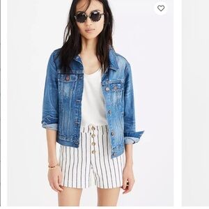 Madewell Women's Emmet Shorts 27 Striped High Waist Button Fly Cream Blue
